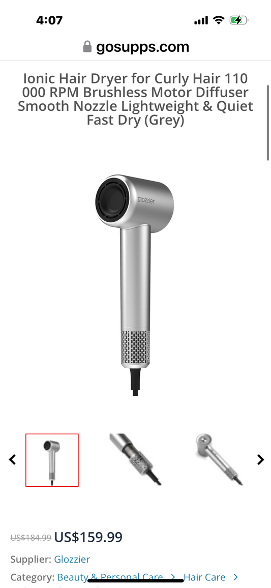 Glozzier Ionic Hair Dryer for Curly Hair, 110,000 RPM Brushless Motor, Diffuser, Smooth Nozzle, Lightweight & Quiet, Fast Dry (Grey)