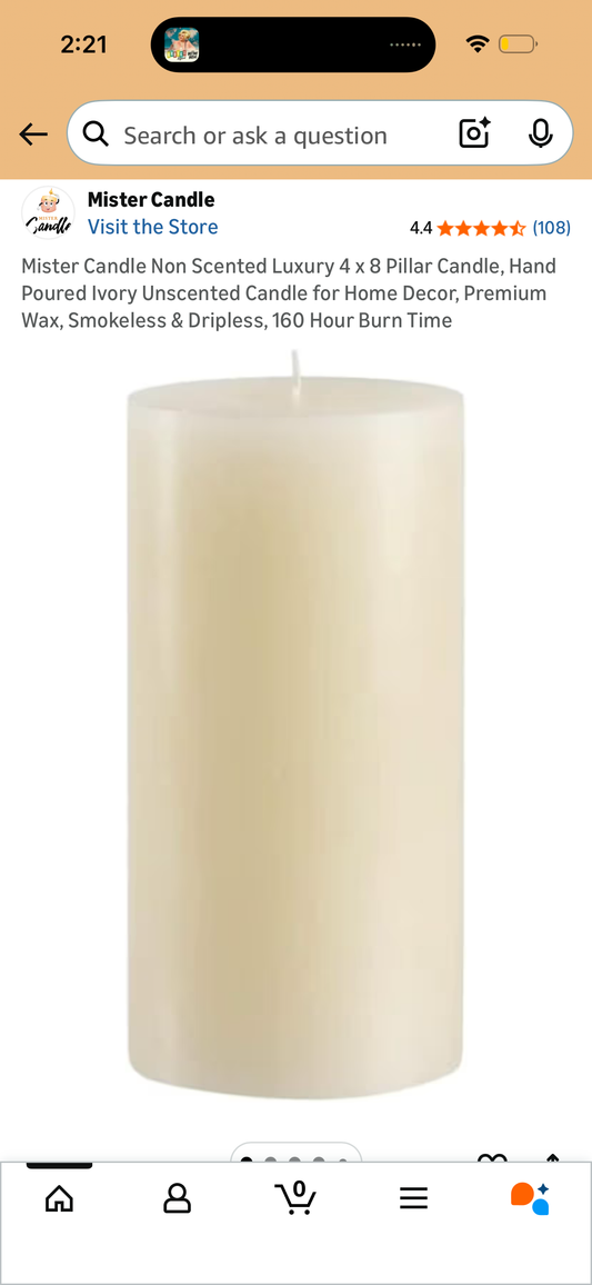 Mister Candle Non Scented Luxury 4 x 8 Pillar Candle, Hand Poured Ivory Unscented Candle for Home Decor, Premium Wax, Smokeless & Dripless, 160 Hour Burn Time