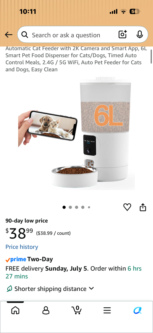 Automatic Cat Feeder with 2K Camera and Smart App, 6L Smart Pet Food Dispenser for Cats/Dogs, Timed Auto Control Meals, 2.4G / 5G WiFi, Auto Pet Feeder for Cats and Dogs, Easy Clean
