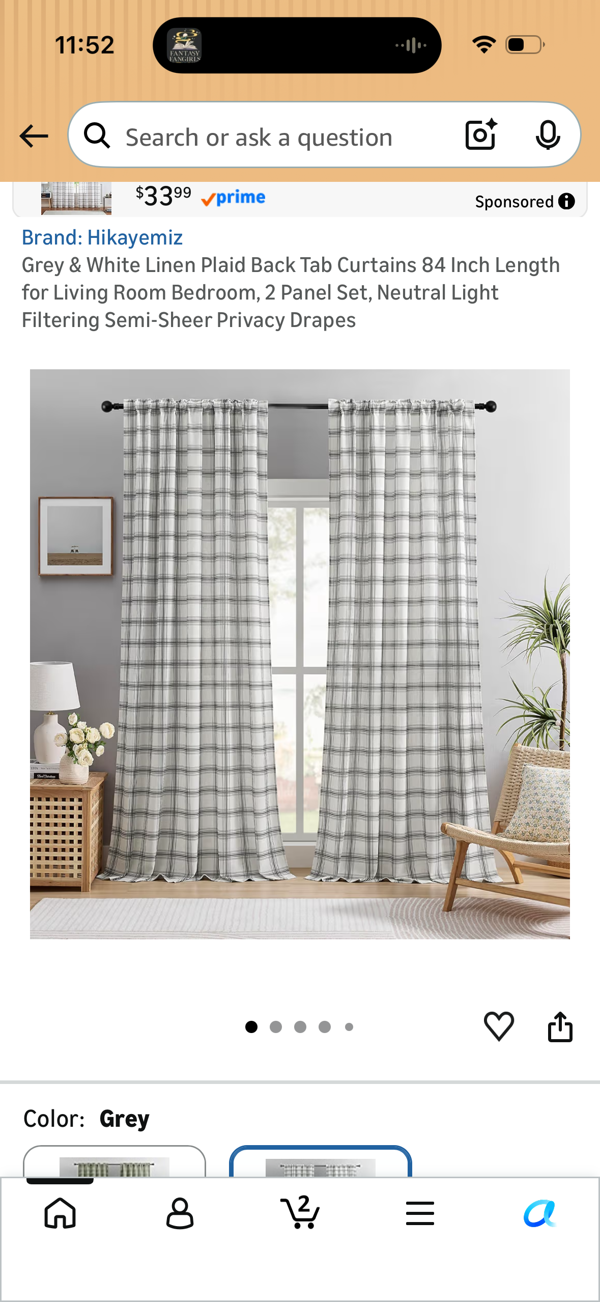 Grey & White Linen Plaid Back Tab Curtains 84 Inch Length for Living Room Bedroom, 2 Panel Set, Neutral Light Filtering Semi-Sheer Privacy Drapes
