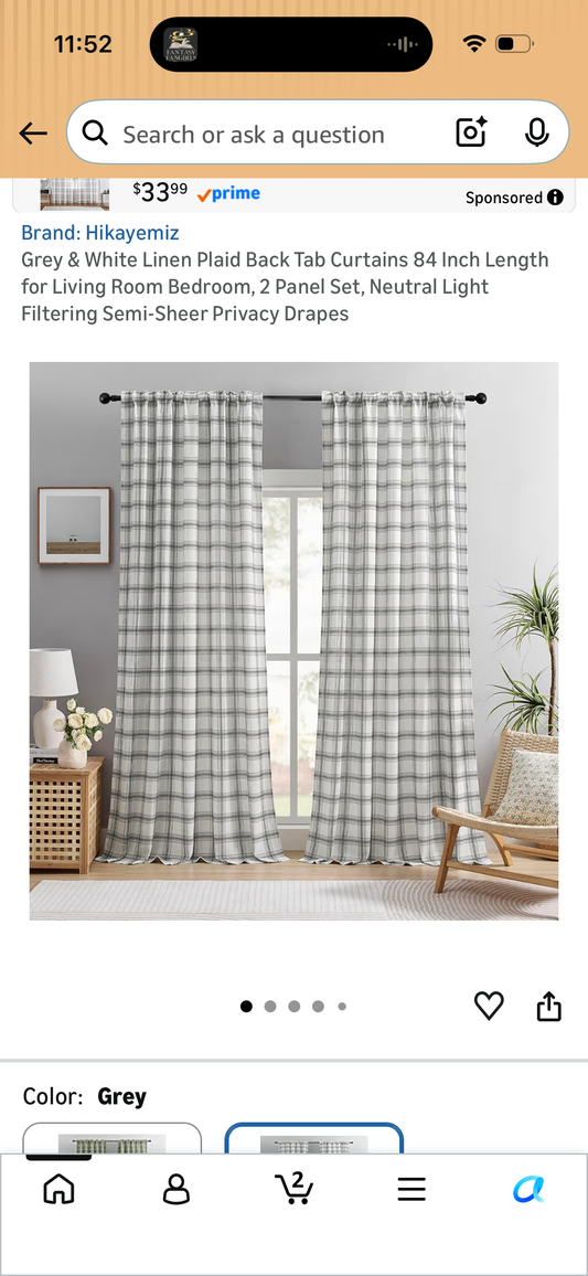 Grey & White Linen Plaid Back Tab Curtains 84 Inch Length for Living Room Bedroom, 2 Panel Set, Neutral Light Filtering Semi-Sheer Privacy Drapes