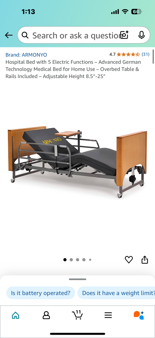 Hospital Bed with 5 Electric Functions – Advanced German Technology Medical Bed for Home Use – Overbed Table & Rails Included – Adjustable Height 8.5”-25” (B946)