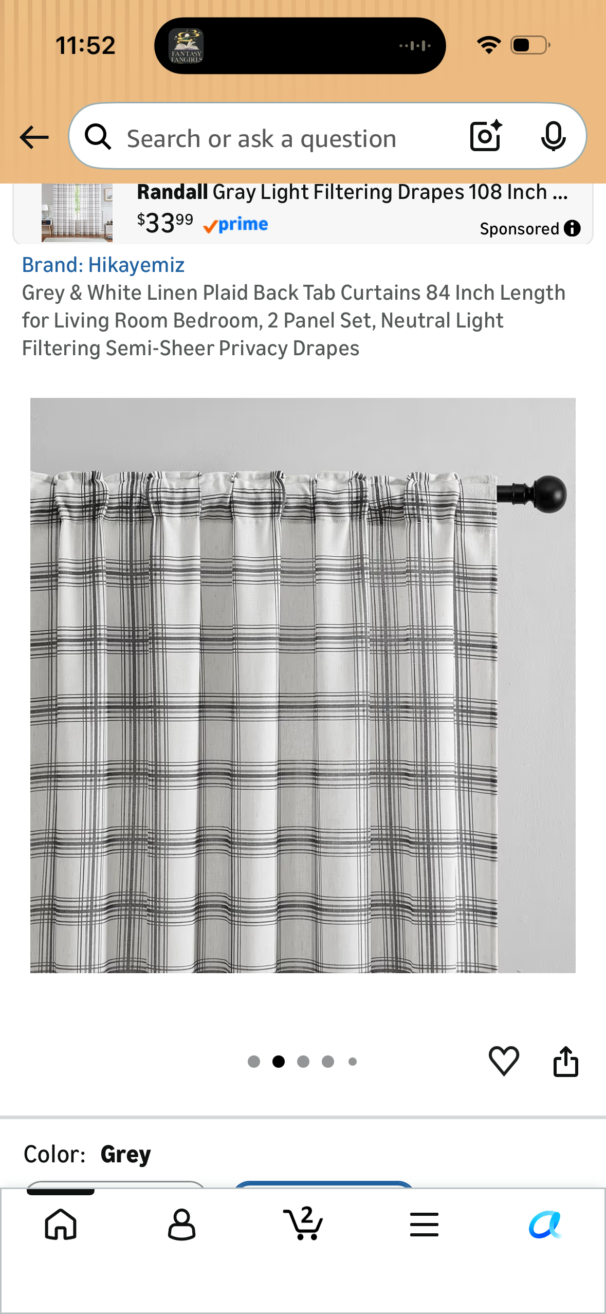 Grey & White Linen Plaid Back Tab Curtains 84 Inch Length for Living Room Bedroom, 2 Panel Set, Neutral Light Filtering Semi-Sheer Privacy Drapes
