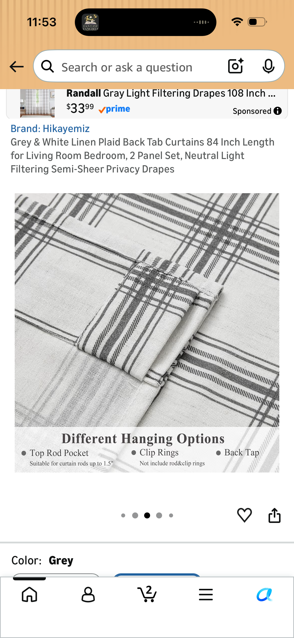 Grey & White Linen Plaid Back Tab Curtains 84 Inch Length for Living Room Bedroom, 2 Panel Set, Neutral Light Filtering Semi-Sheer Privacy Drapes