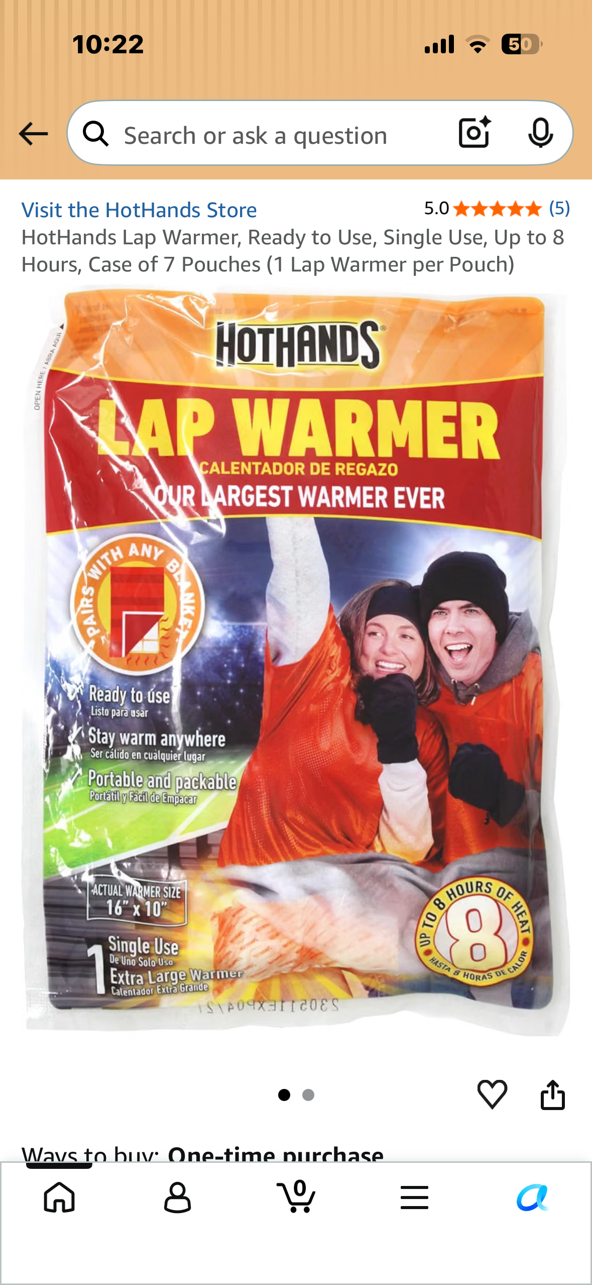 7-Pack, HotHands Lap Warmer, Ready to Use, Single Use, Up to 8 Hours, Case of 7 Pouches