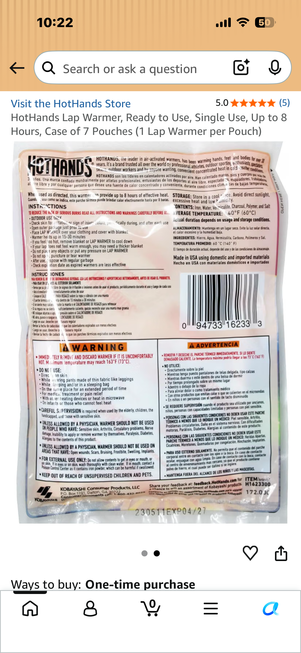 7-Pack, HotHands Lap Warmer, Ready to Use, Single Use, Up to 8 Hours, Case of 7 Pouches