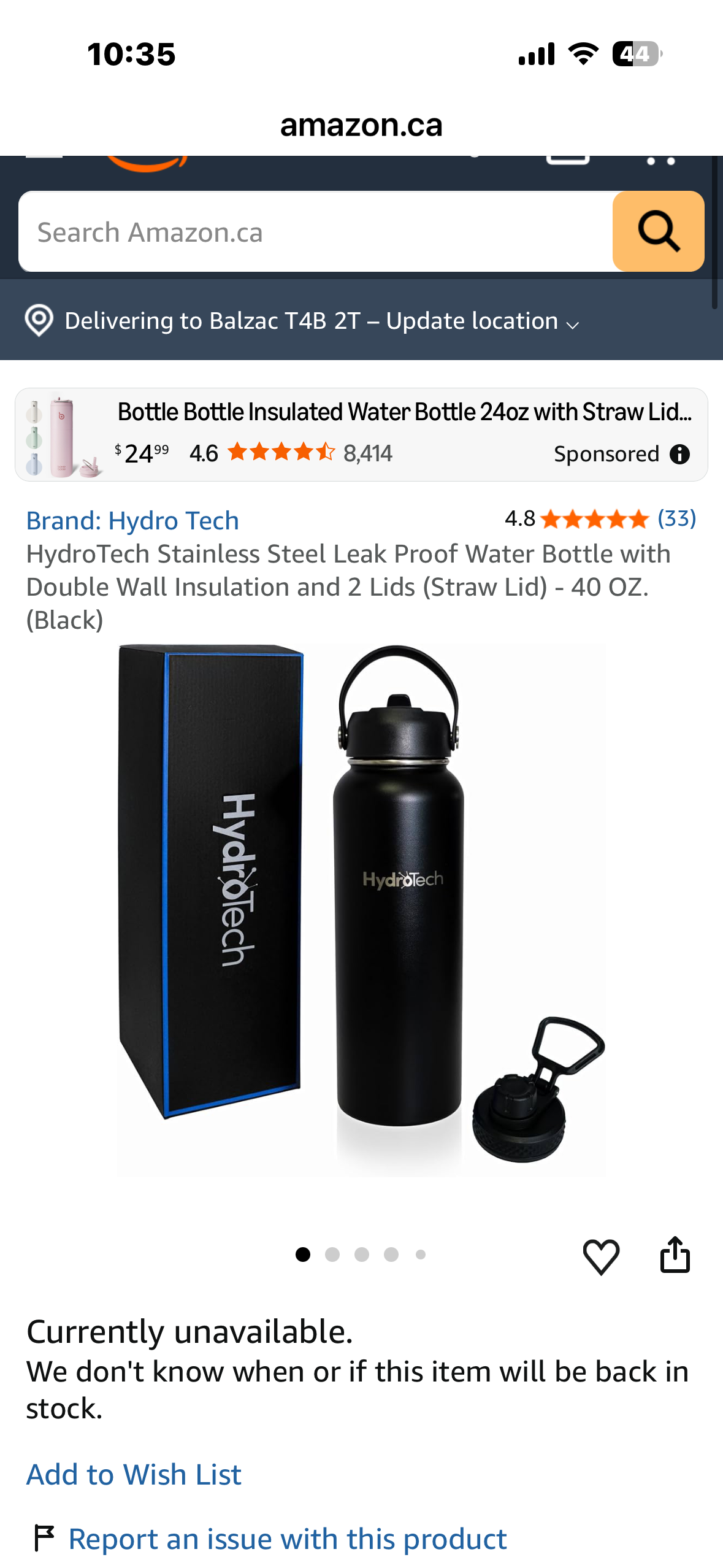 HydroTech Stainless Steel Leak Proof Water Bottle with Double Wall Insulation and 2 Lids (Straw Lid) - 40 OZ.