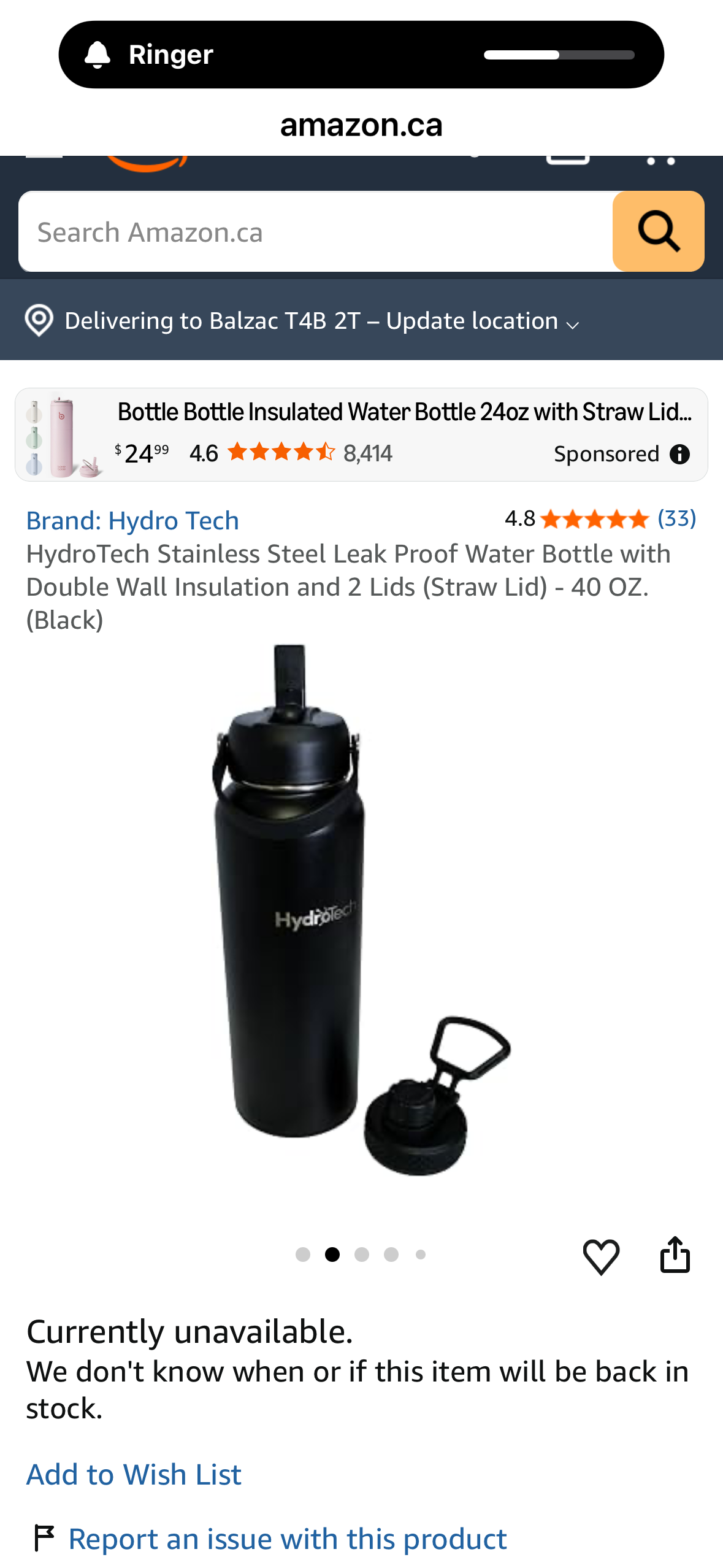 HydroTech Stainless Steel Leak Proof Water Bottle with Double Wall Insulation and 2 Lids (Straw Lid) - 40 OZ.