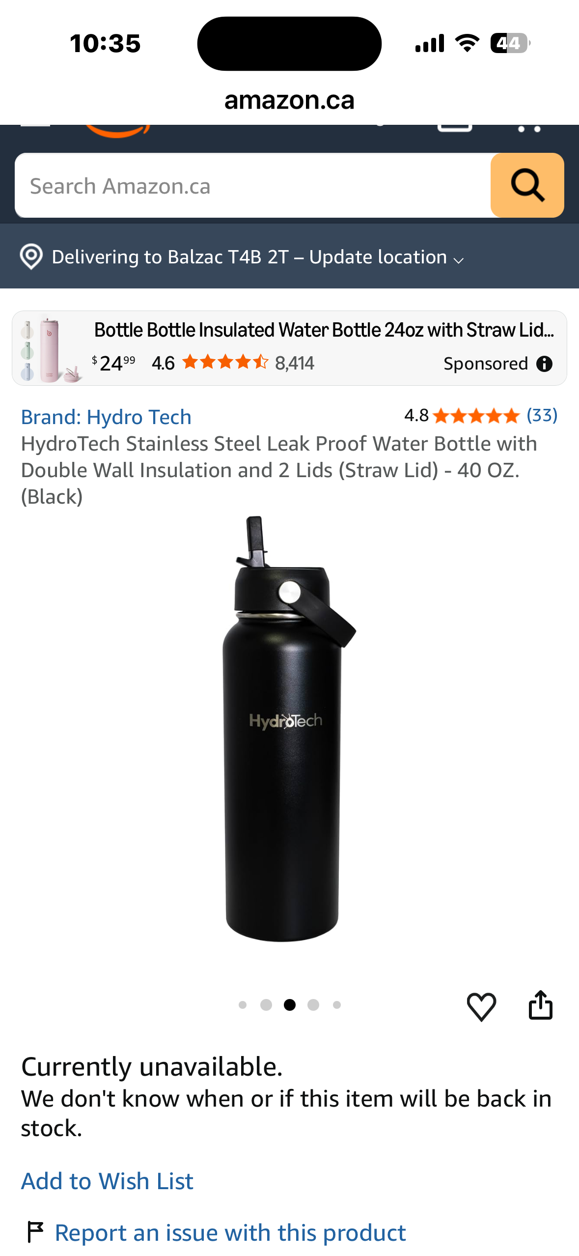 HydroTech Stainless Steel Leak Proof Water Bottle with Double Wall Insulation and 2 Lids (Straw Lid) - 40 OZ.