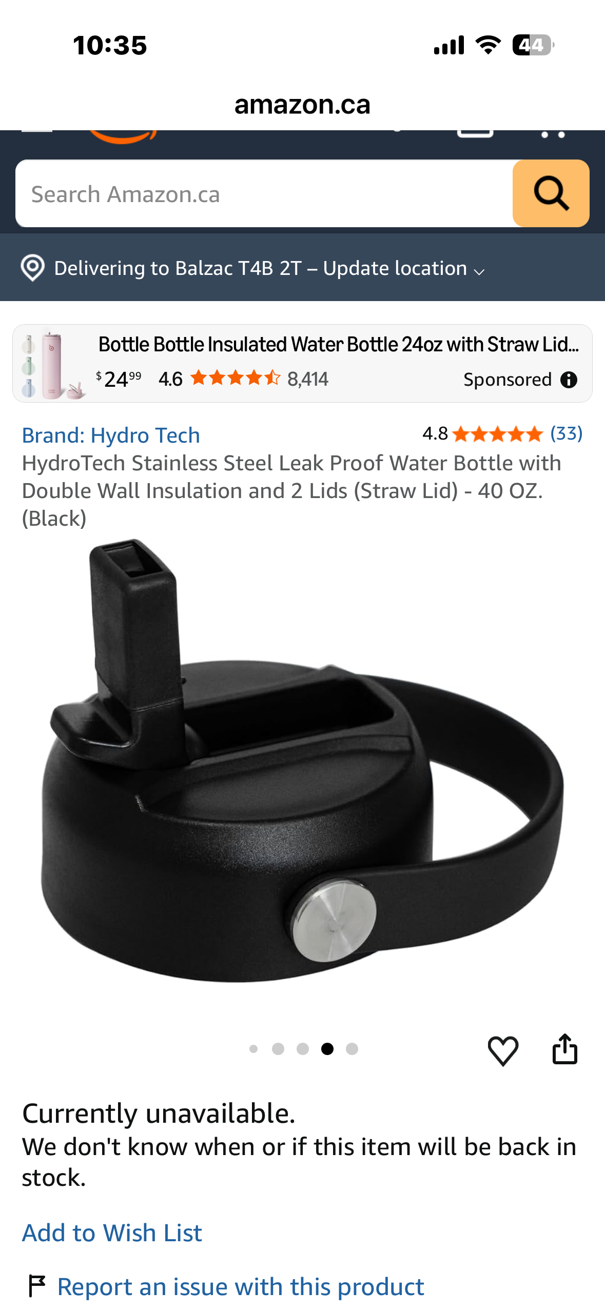 HydroTech Stainless Steel Leak Proof Water Bottle with Double Wall Insulation and 2 Lids (Straw Lid) - 40 OZ.