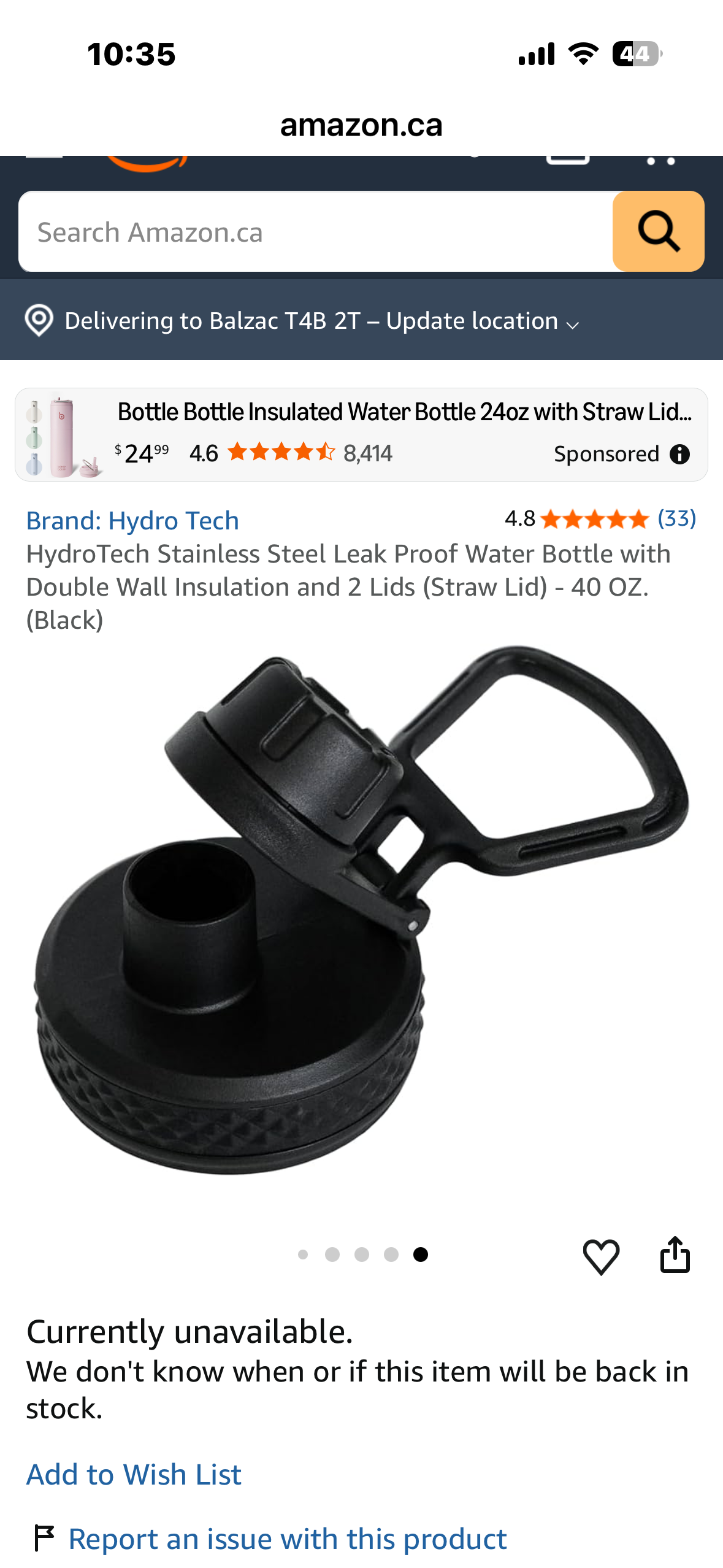 HydroTech Stainless Steel Leak Proof Water Bottle with Double Wall Insulation and 2 Lids (Straw Lid) - 40 OZ.