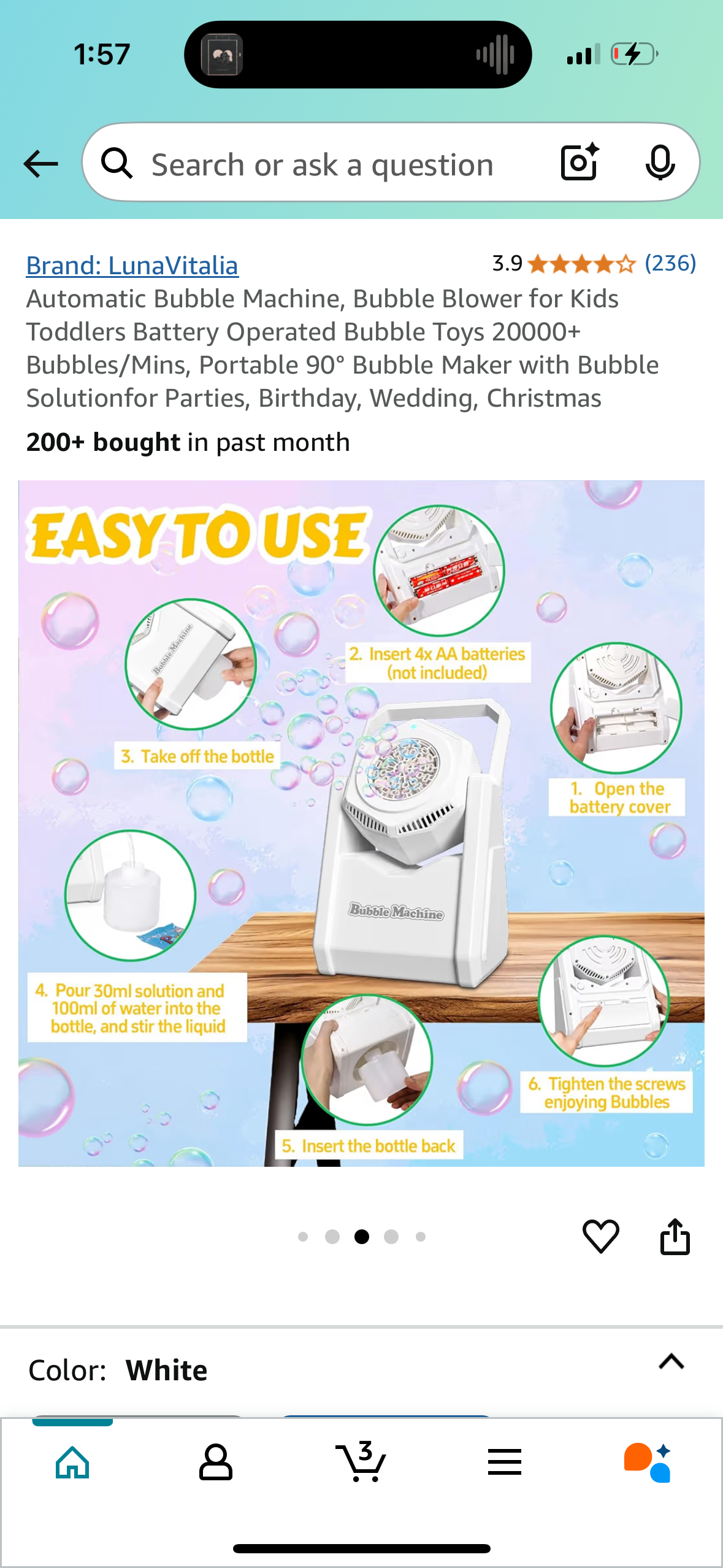 Bubble Machine for Kids Toddlers - Portable 90° Bubble Maker with Bubble Solution - Automatic Batteries Bubble Toys 20000+ Bubbles Per Minute, Perfect for Parties, Birthday, Wedding, Christmas, White