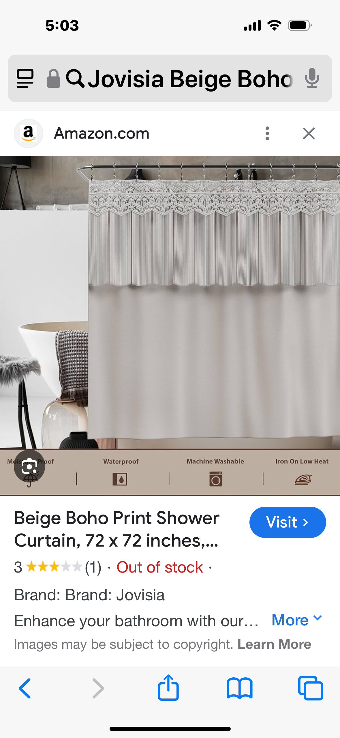 Jovisia Beige Boho Print Shower Curtain, 72 x 72 inches, Grey