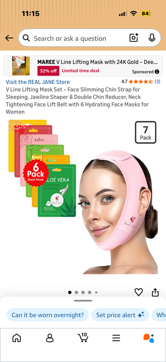 V Line Lifting Mask Set – Face Slimming Chin Strap for Sleeping, Jawline Shaper & Double Chin Reducer, Neck Tightening Face Lift Belt with 6 Hydrating Face Masks for Women