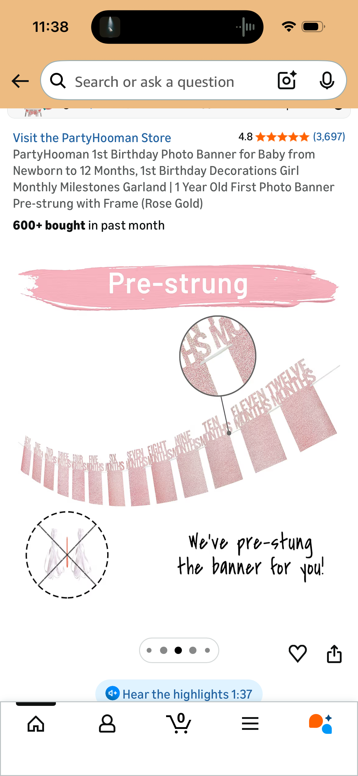 PartyHooman 1st Birthday Photo Banner for Baby from Newborn to 12 Months, 1st Birthday Decorations Girl Monthly Milestones Garland | 1 Year Old First Photo Banner Pre-strung with Frame (Rose Gold)