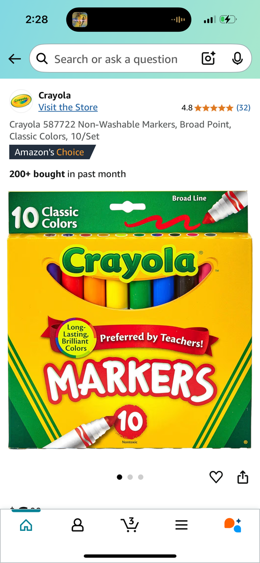 Crayola 587722 Non-Washable Markers, Broad Point, Classic Colors, 10/Set