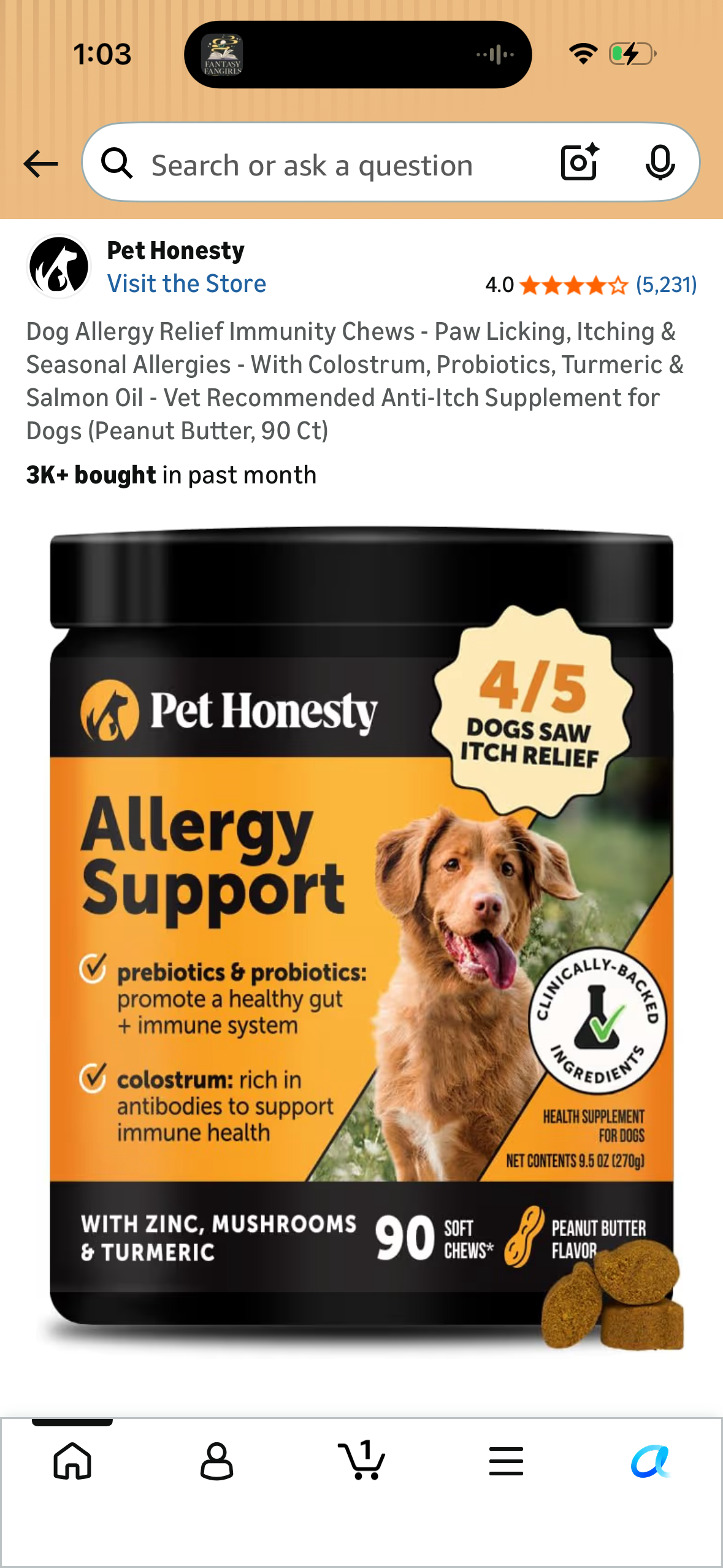 Dog Allergy Relief Immunity Chews - Paw Licking, Itching & Seasonal Allergies - With Colostrum, Probiotics, Turmeric & Salmon Oil - Vet Recommended Anti-Itch Supplement for Dogs (Peanut Butter, 90 Ct)