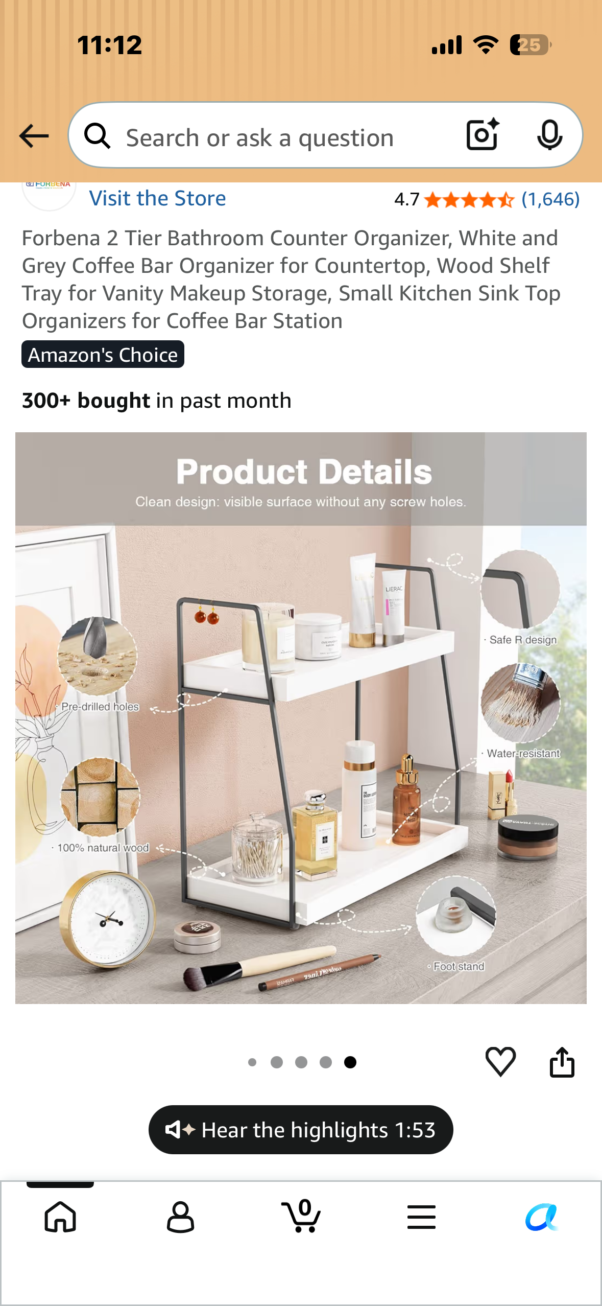 2 Tier Counter Organizer, White and Black Organizer for Countertop, Wood Shelf Tray for Vanity Makeup Storage, Small Kitchen Sink Top Organizers, Coffee Bar Station