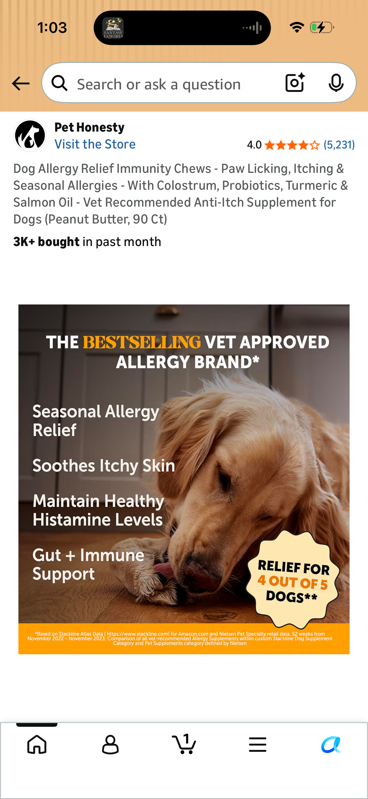 Dog Allergy Relief Immunity Chews - Paw Licking, Itching & Seasonal Allergies - With Colostrum, Probiotics, Turmeric & Salmon Oil - Vet Recommended Anti-Itch Supplement for Dogs (Peanut Butter, 90 Ct)