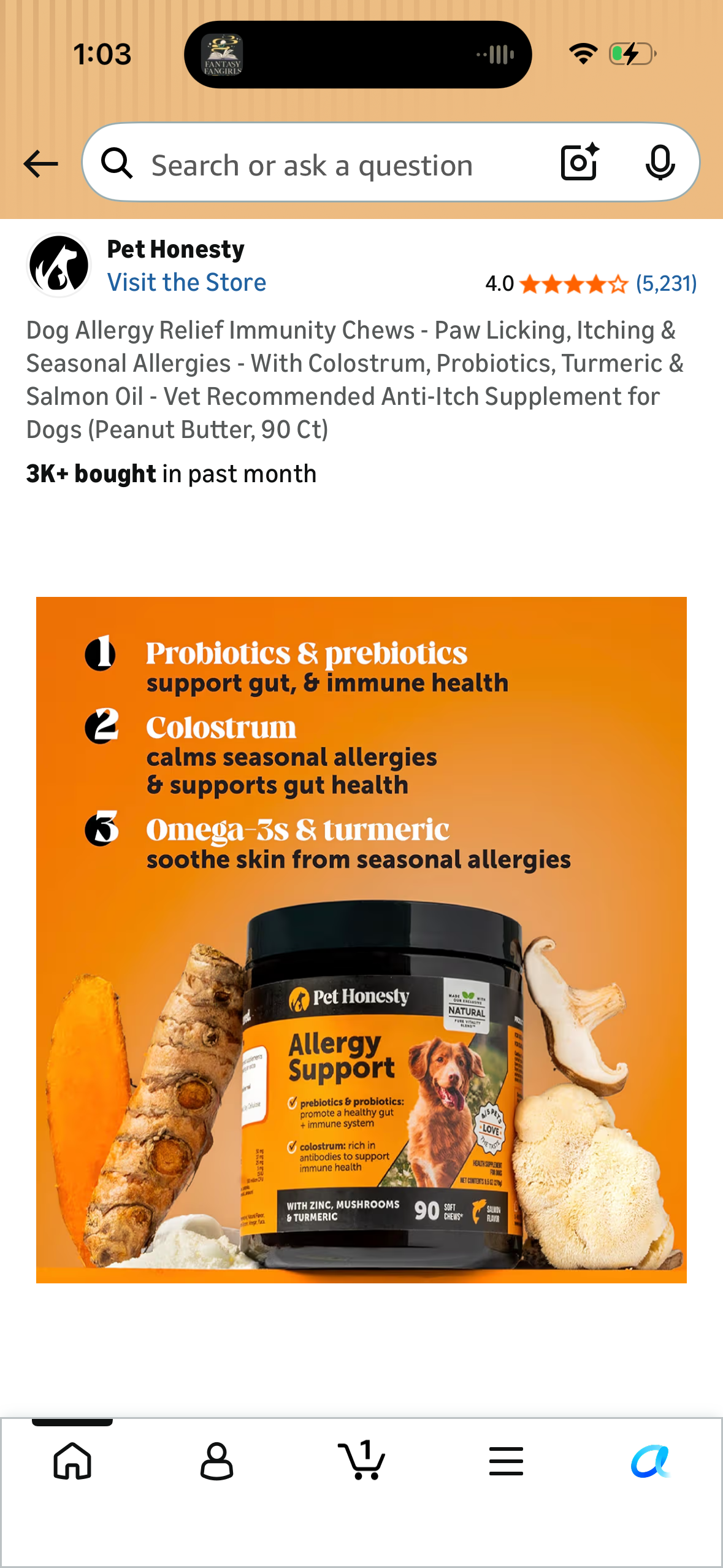 Dog Allergy Relief Immunity Chews - Paw Licking, Itching & Seasonal Allergies - With Colostrum, Probiotics, Turmeric & Salmon Oil - Vet Recommended Anti-Itch Supplement for Dogs (Peanut Butter, 90 Ct)