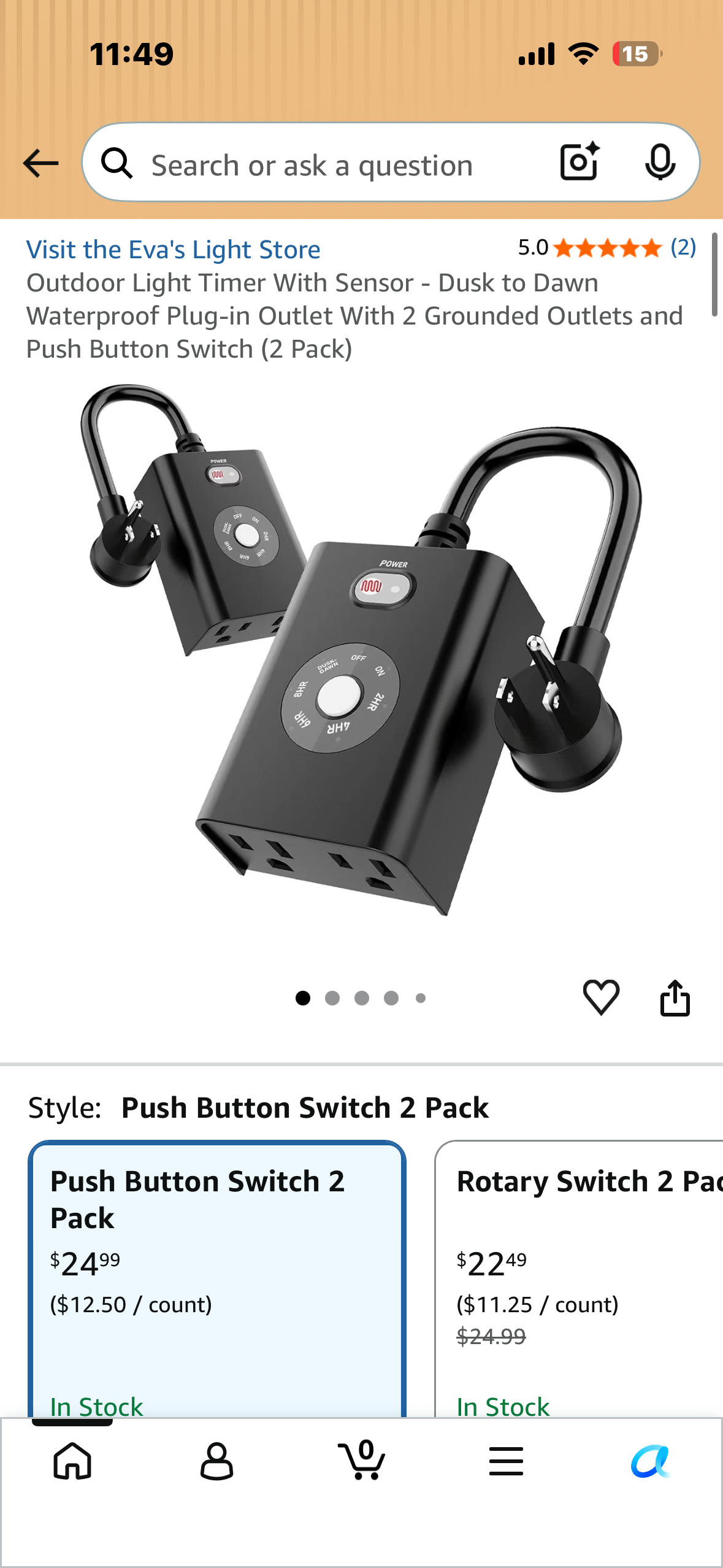 Outdoor Light Timer With Sensor - Dusk to Dawn Waterproof Plug-in Outlet With 2 Grounded Outlets and Push Button Switch (2 Pack)