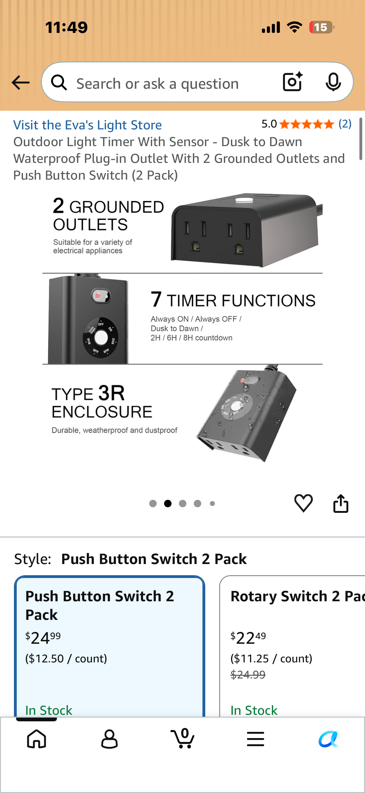 Outdoor Light Timer With Sensor - Dusk to Dawn Waterproof Plug-in Outlet With 2 Grounded Outlets and Push Button Switch (2 Pack)