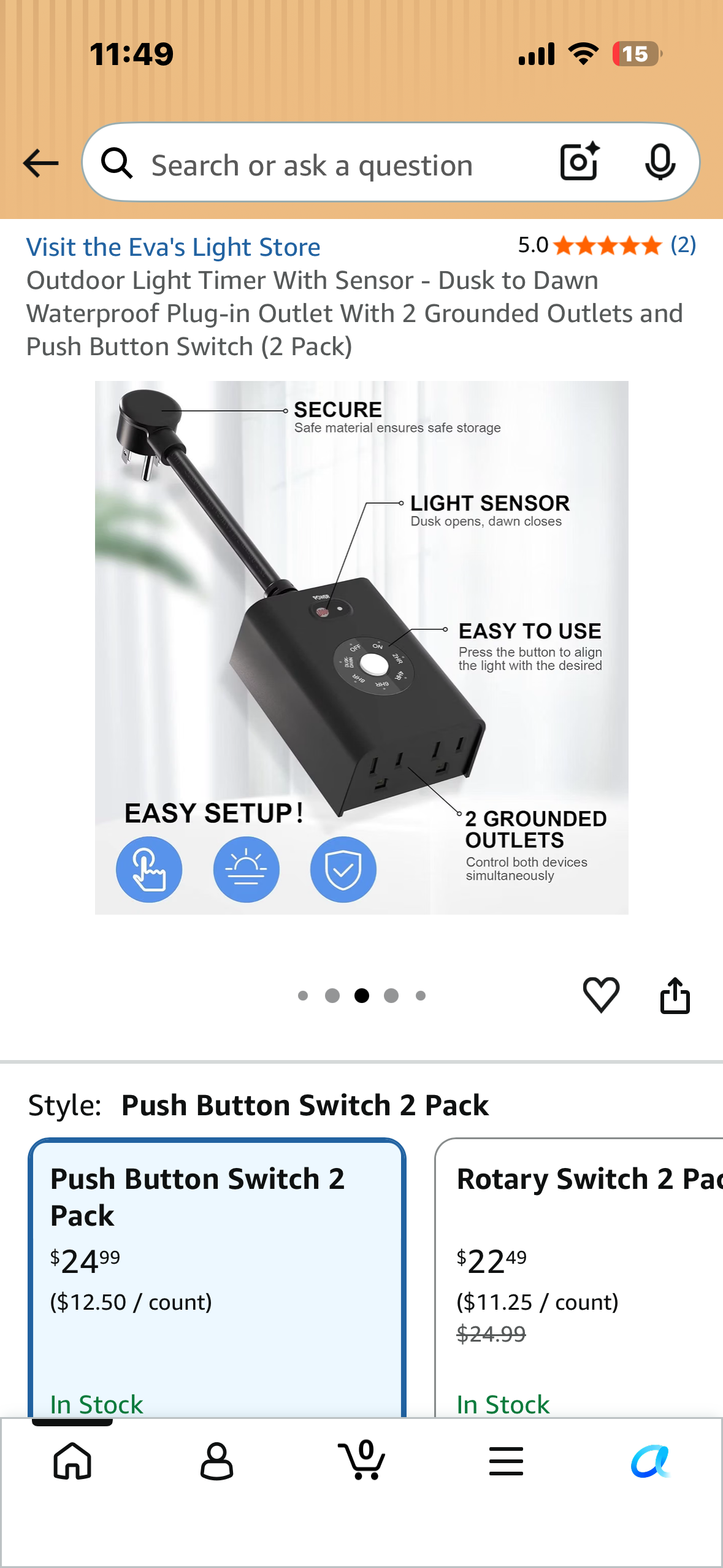 Outdoor Light Timer With Sensor - Dusk to Dawn Waterproof Plug-in Outlet With 2 Grounded Outlets and Push Button Switch (2 Pack)