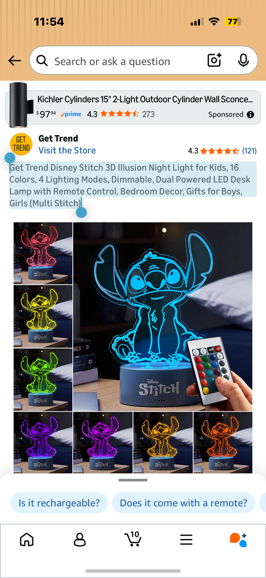 Get Trend Disney Stitch 3D Illusion Night Light for Kids, 16 Colors, 4 Lighting Modes, Dimmable, Dual Powered LED Desk Lamp with Remote Control, Bedroom Decor, Gifts for Boys, Girls (Multi Stitch