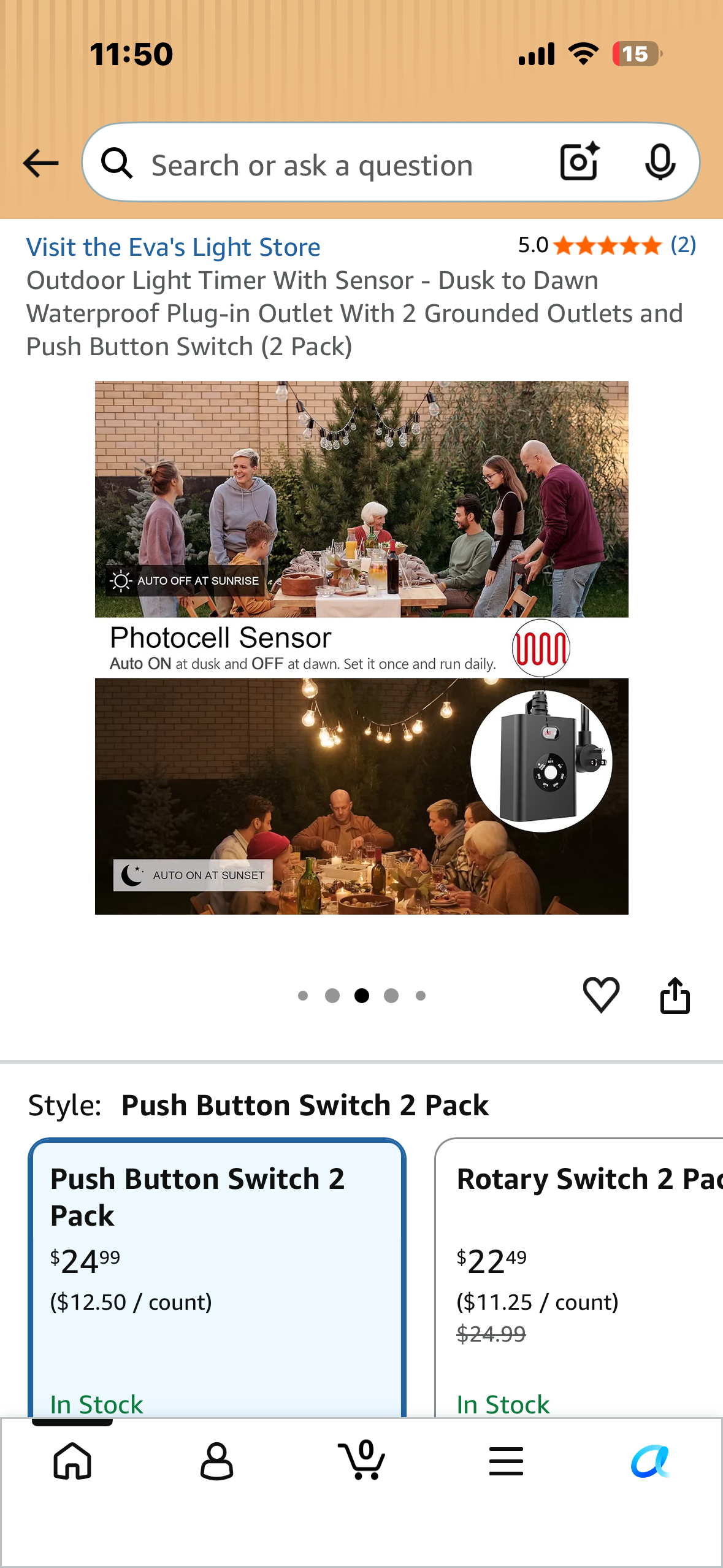 Outdoor Light Timer With Sensor - Dusk to Dawn Waterproof Plug-in Outlet With 2 Grounded Outlets and Push Button Switch (2 Pack)