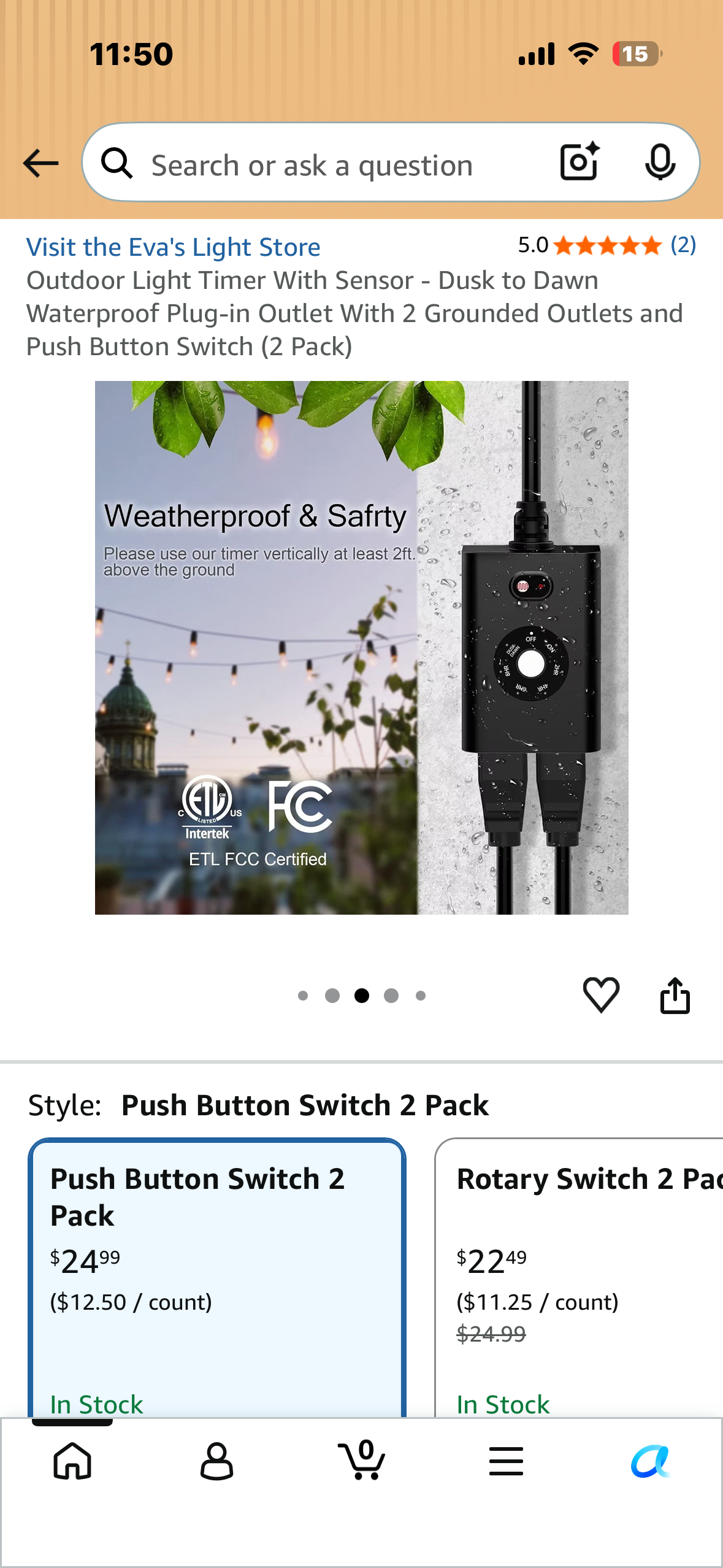 Outdoor Light Timer With Sensor - Dusk to Dawn Waterproof Plug-in Outlet With 2 Grounded Outlets and Push Button Switch (2 Pack)