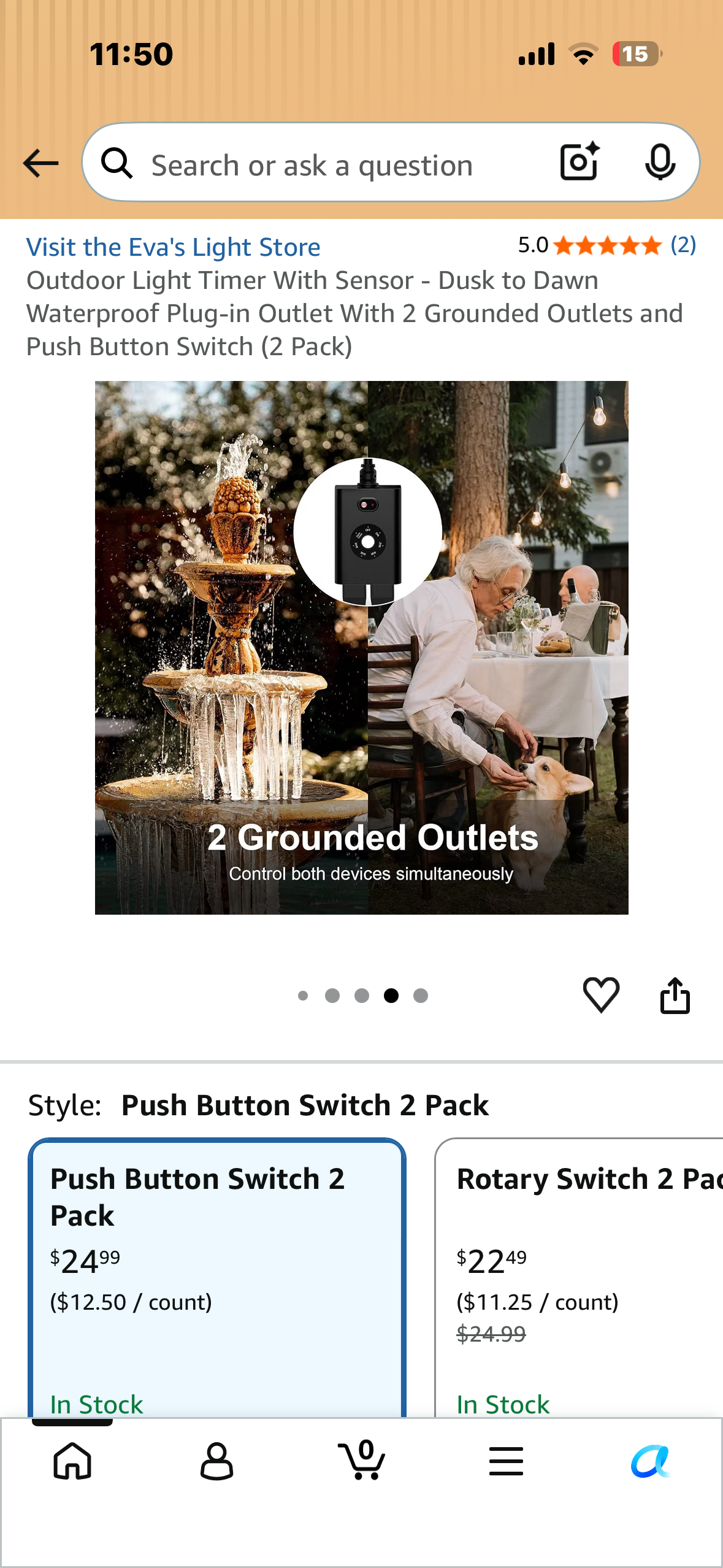 Outdoor Light Timer With Sensor - Dusk to Dawn Waterproof Plug-in Outlet With 2 Grounded Outlets and Push Button Switch (2 Pack)