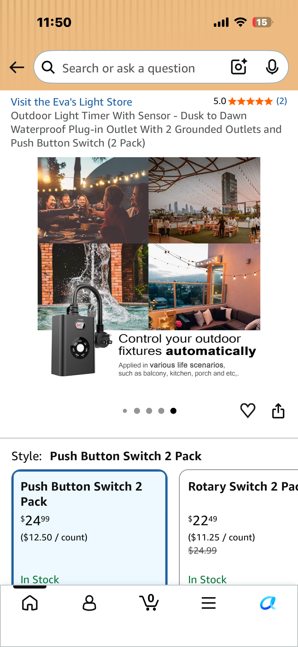 Outdoor Light Timer With Sensor - Dusk to Dawn Waterproof Plug-in Outlet With 2 Grounded Outlets and Push Button Switch (2 Pack)
