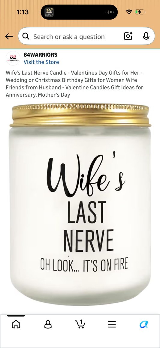 Wife's Last Nerve Candle - Valentines Day Gifts for Her -Wedding or Christmas Birthday Gifts for Women Wife Friends from Husband - Valentine Candles Gift Ideas for Anniversary, Mother's Day