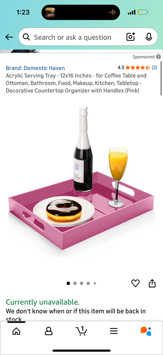 Acrylic Serving Tray - 12x16 Inches - for Coffee Table and Ottoman, Bathroom, Food, Makeup, Kitchen, Tabletop - Decorative Countertop Organizer with Handles (Pink)