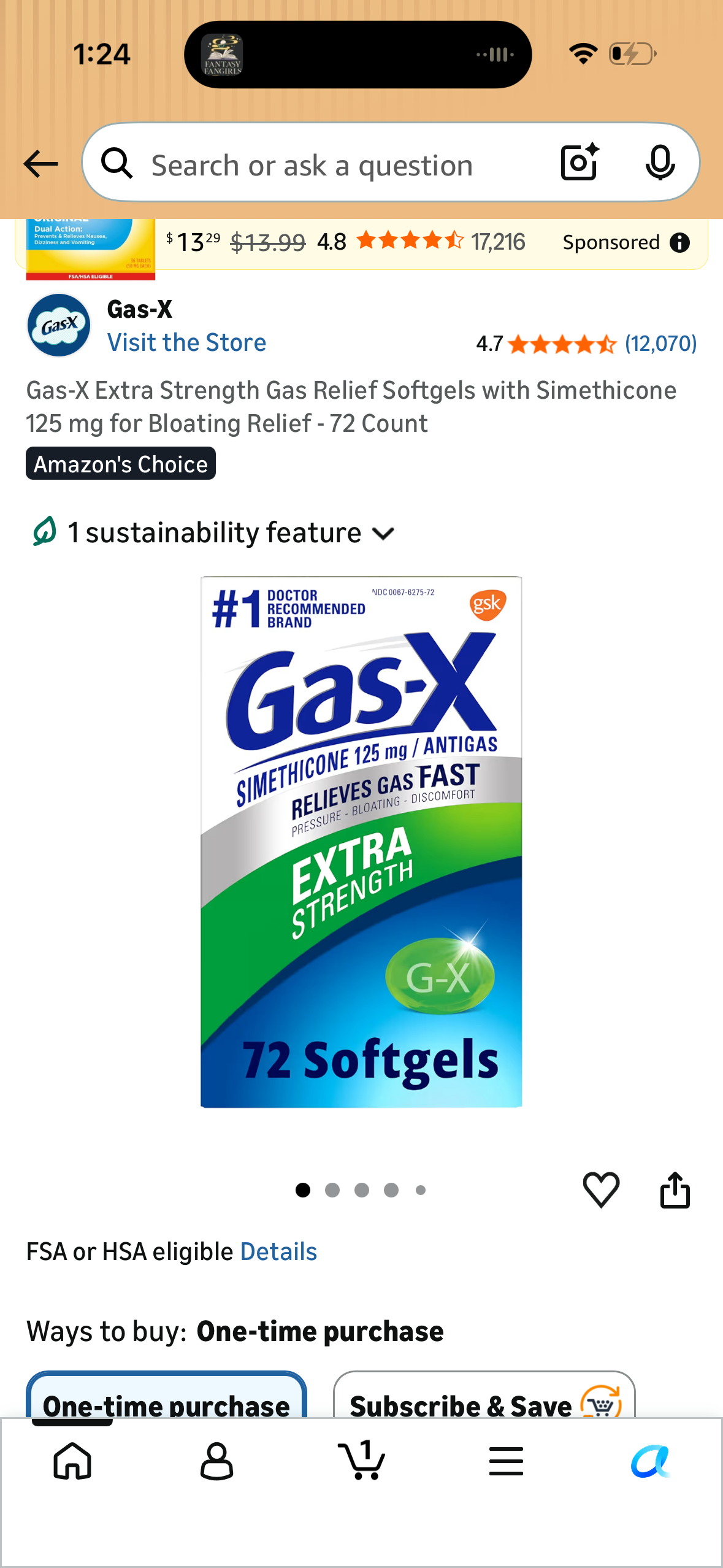 Gas-X Extra Strength Gas Relief Softgels with Simethicone 125 mg for Bloating Relief - 72 Count (Exp 10/28)