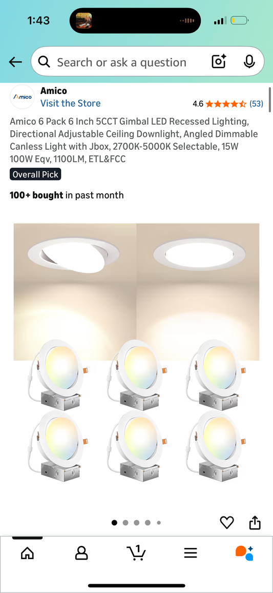 Amico 6 Pack 6 Inch 5CCT Gimbal LED Recessed Lighting, Directional Adjustable Ceiling Downlight, Angled Dimmable Canless Light with Jbox, 2700K-5000K Selectable, 15W 100W Eqv, 1100LM, ETL&FCC