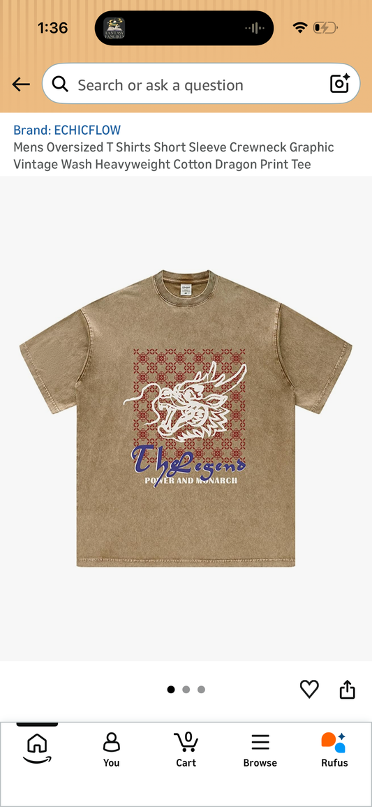 ECHICFLOW Mens Oversized T Shirts Short Sleeve Crewneck Graphic Vintage Wash Heavyweight Cotton Dragon Print Tee (Size Small)