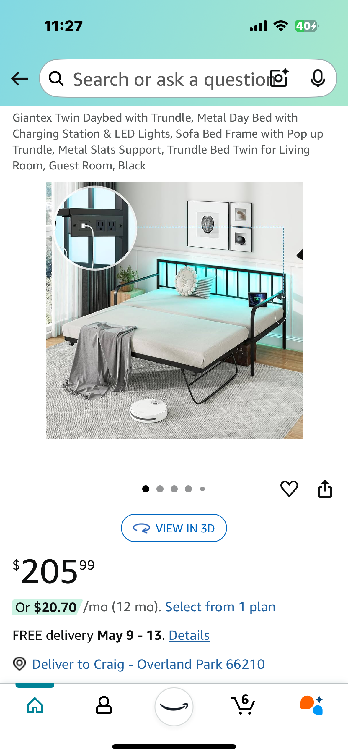 Twin Sofa Bed Day Bed Frame with Pop up Trundle, Charging Station & LED Lights, Quantity of 10 (B890)