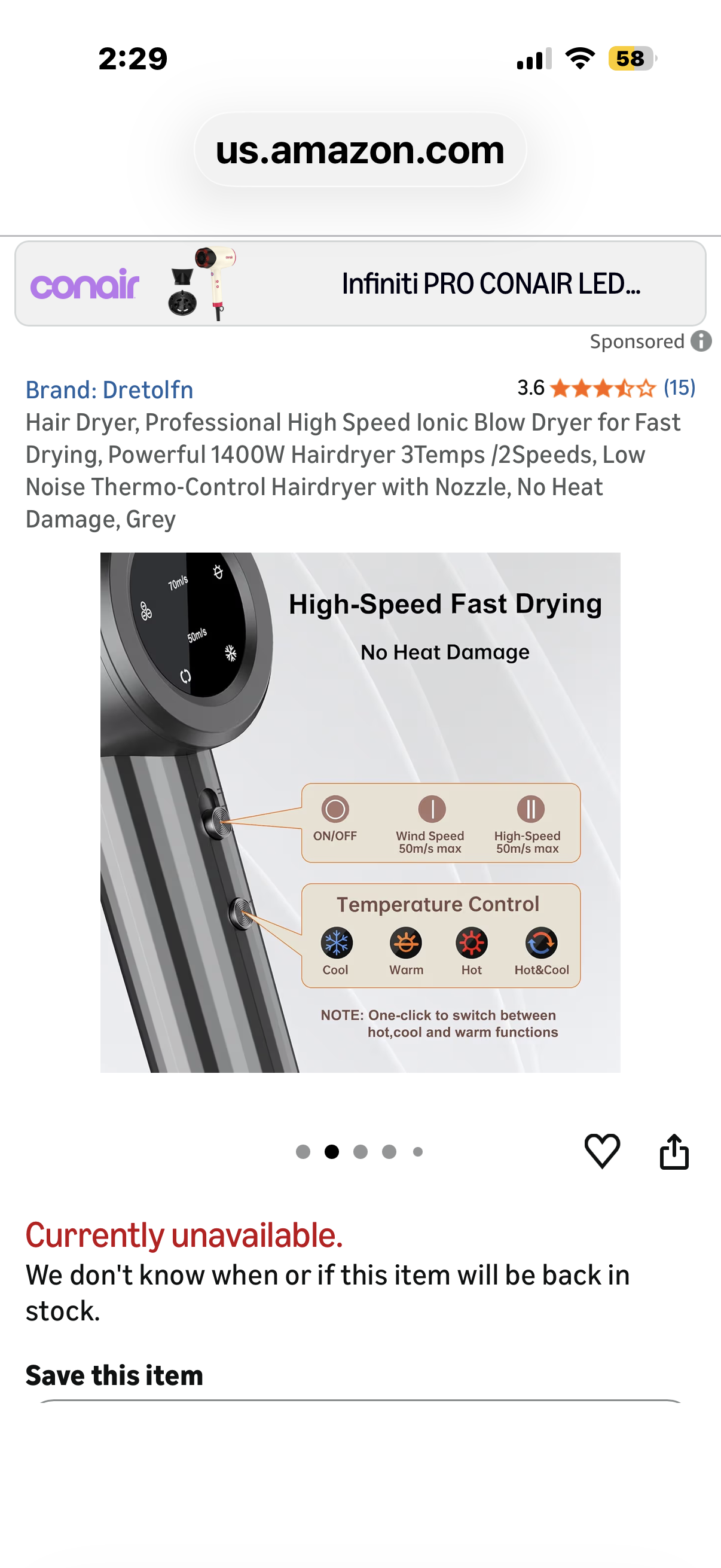 Dretolfn Hair Dryer, Professional High Speed Ionic Blow Dryer for Fast Drying, Powerful 1400W Hairdryer 3Temps /2Speeds, Low Noise Thermo-Control Hairdryer with Nozzle, No Heat Damage, Silver