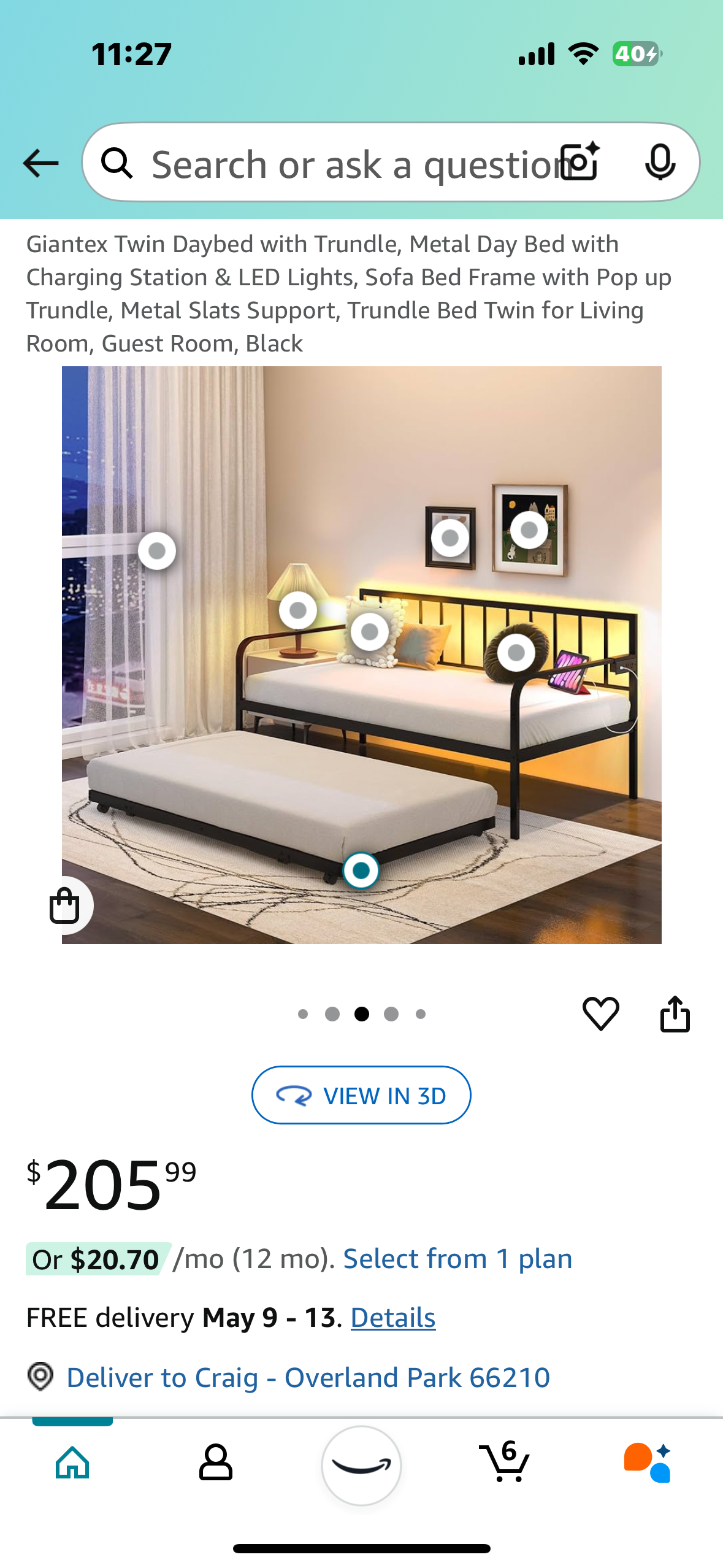 Twin Sofa Bed Day Bed Frame with Pop up Trundle, Charging Station & LED Lights, Quantity of 10 (B890)