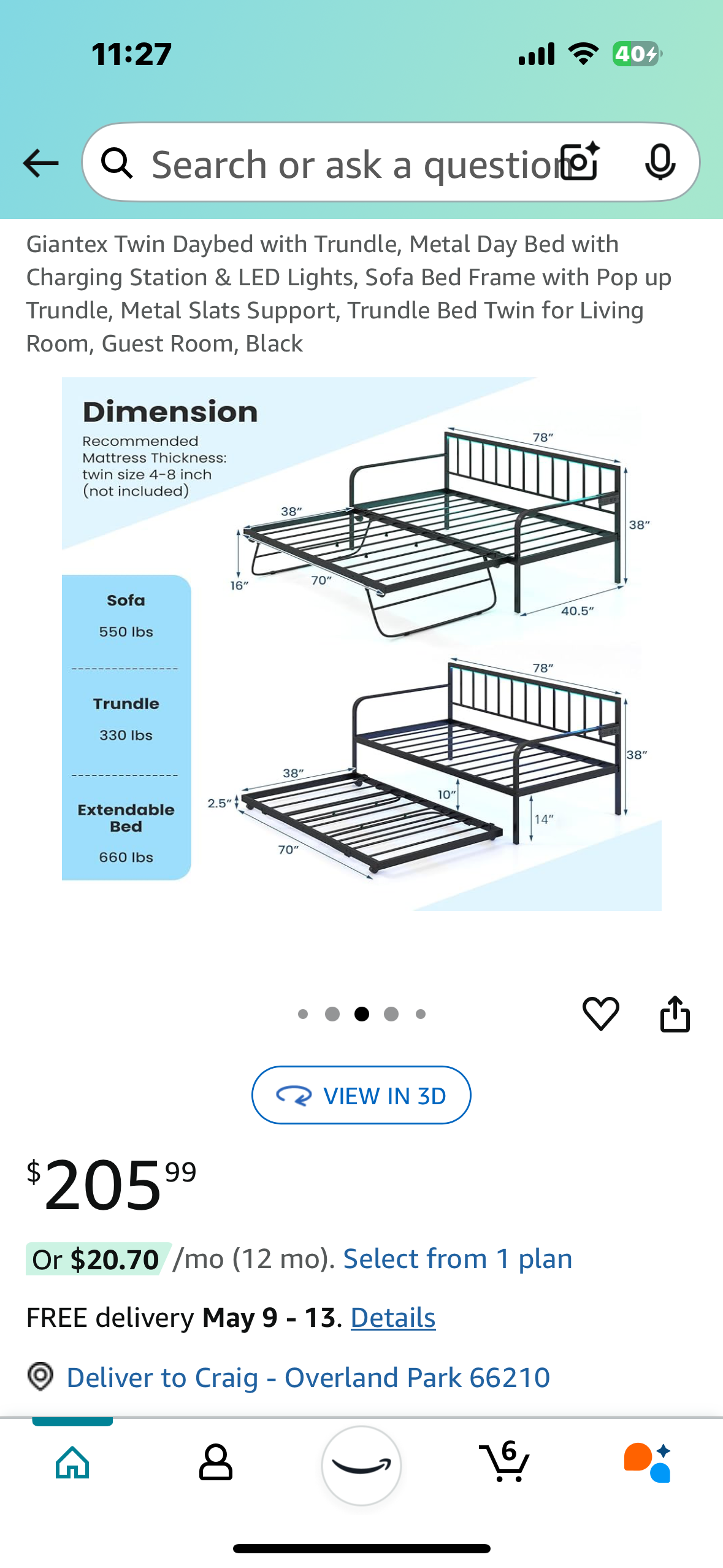 Twin Sofa Bed Day Bed Frame with Pop up Trundle, Charging Station & LED Lights, Quantity of 10 (B890)