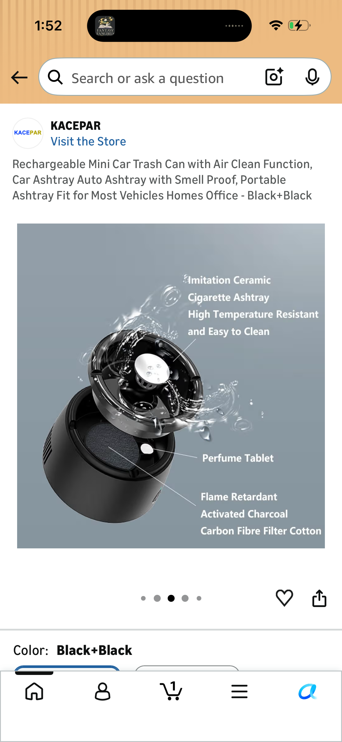 Rechargeable Mini Car Trash Can with Air Clean Function, Car Ashtray Auto Ashtray with Smell Proof, Portable Ashtray Fit for Most Vehicles Homes Office - Black+Black