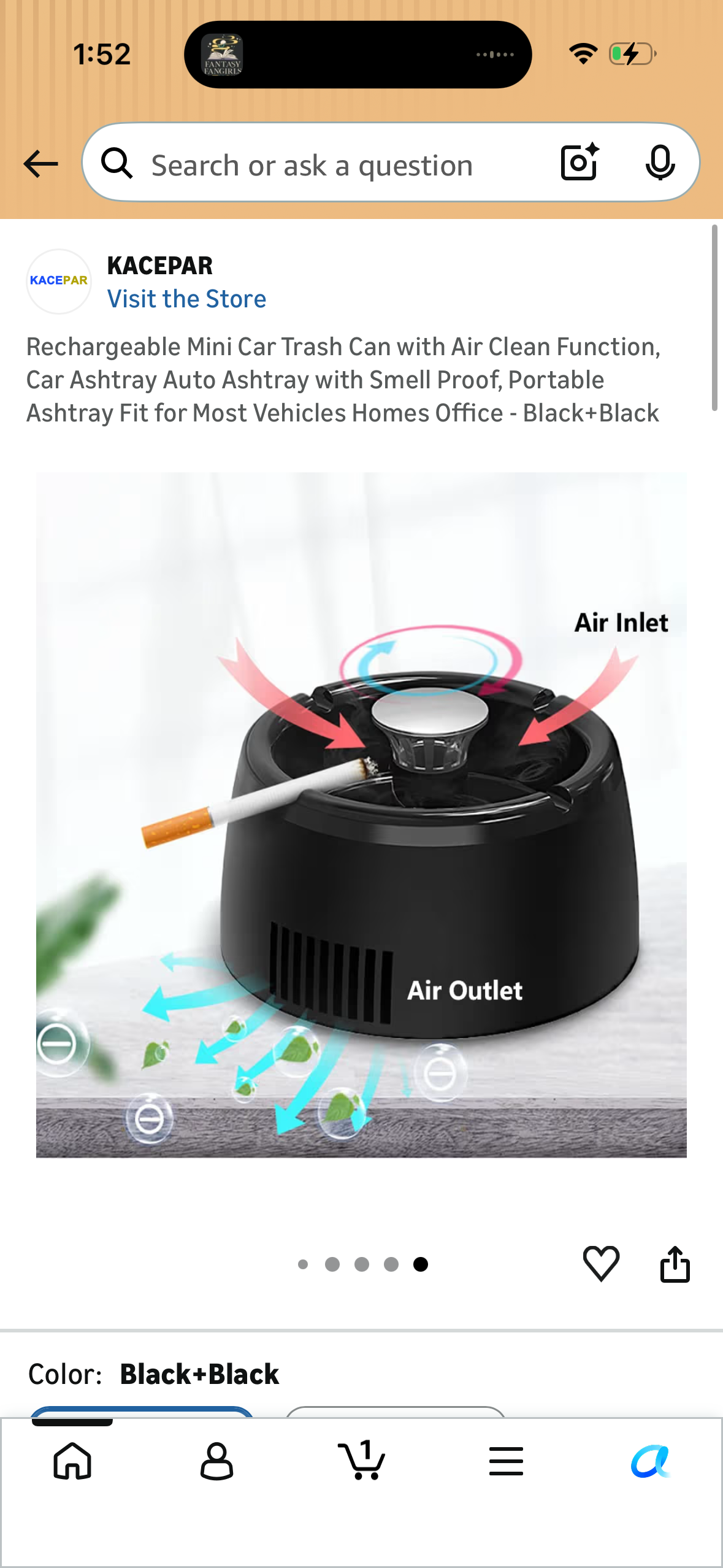 Rechargeable Mini Car Trash Can with Air Clean Function, Car Ashtray Auto Ashtray with Smell Proof, Portable Ashtray Fit for Most Vehicles Homes Office - Black+Black