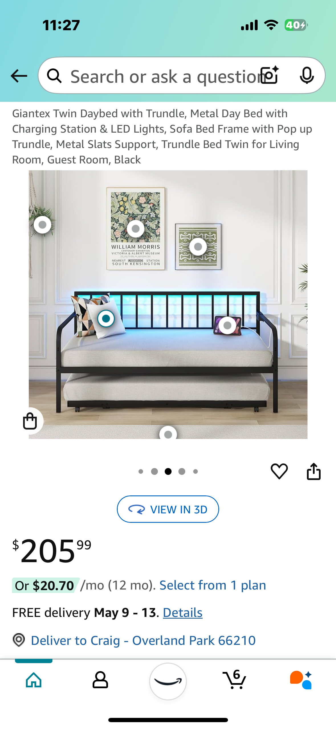 Twin Sofa Bed Day Bed Frame with Pop up Trundle, Charging Station & LED Lights, Quantity of 10 (B890)