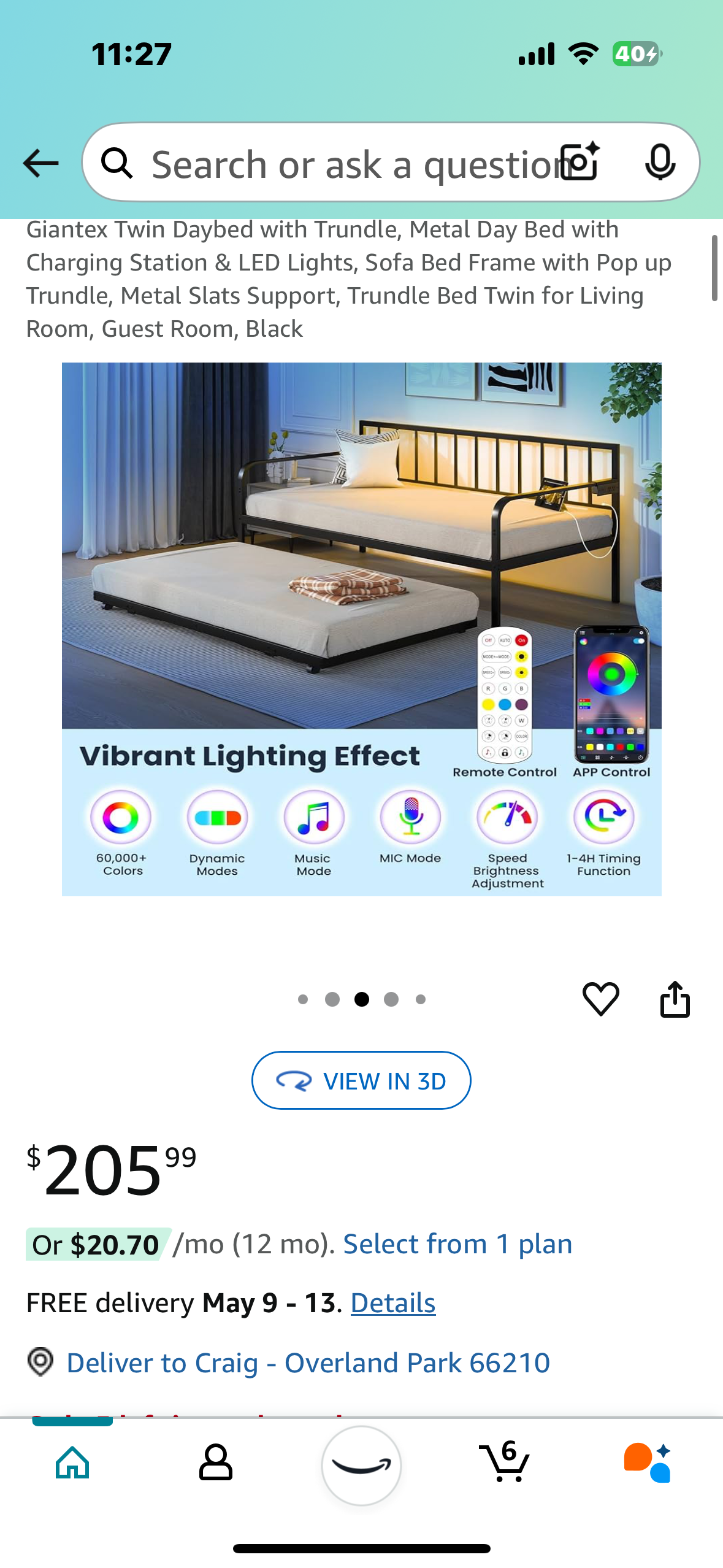 Twin Sofa Bed Day Bed Frame with Pop up Trundle, Charging Station & LED Lights, Quantity of 10 (B890)