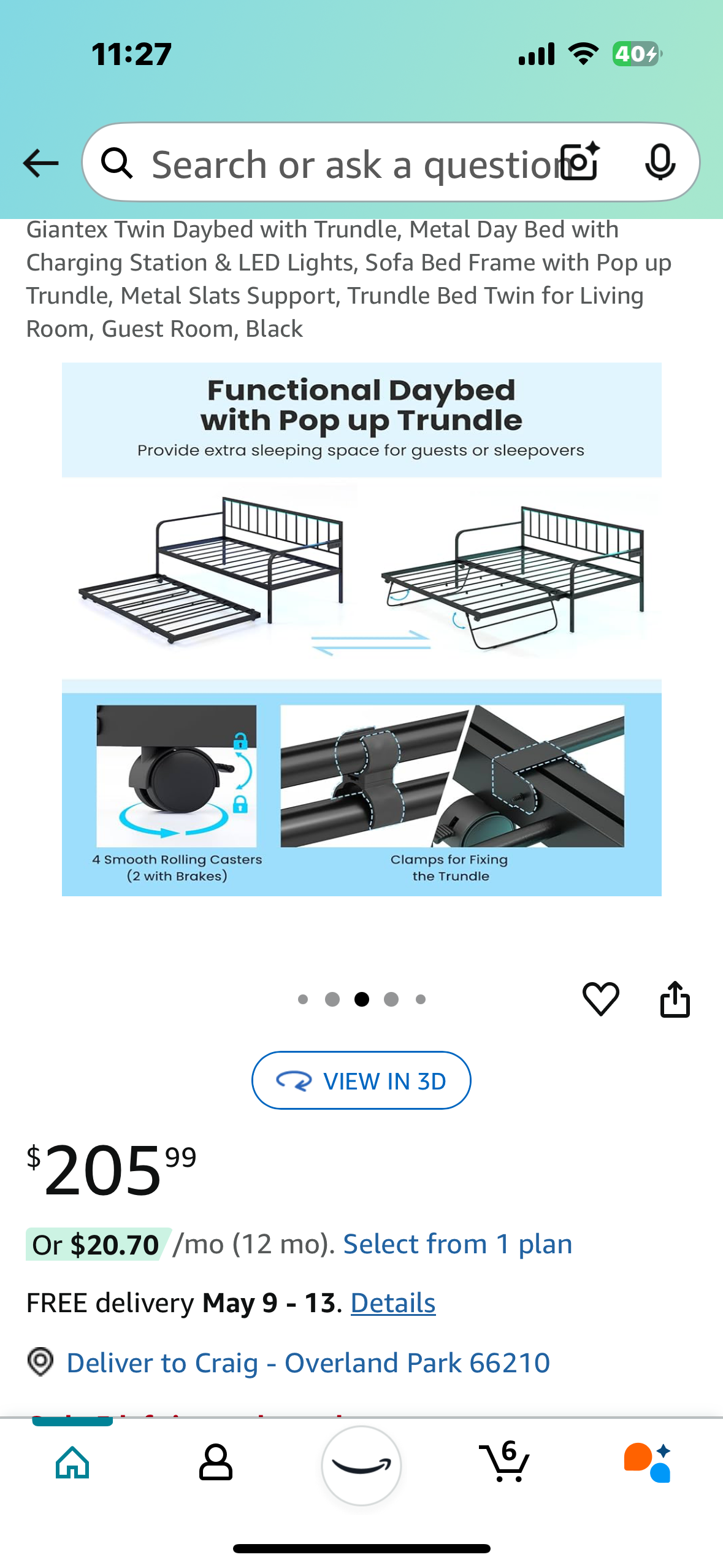 Twin Sofa Bed Day Bed Frame with Pop up Trundle, Charging Station & LED Lights, Quantity of 10 (B890)
