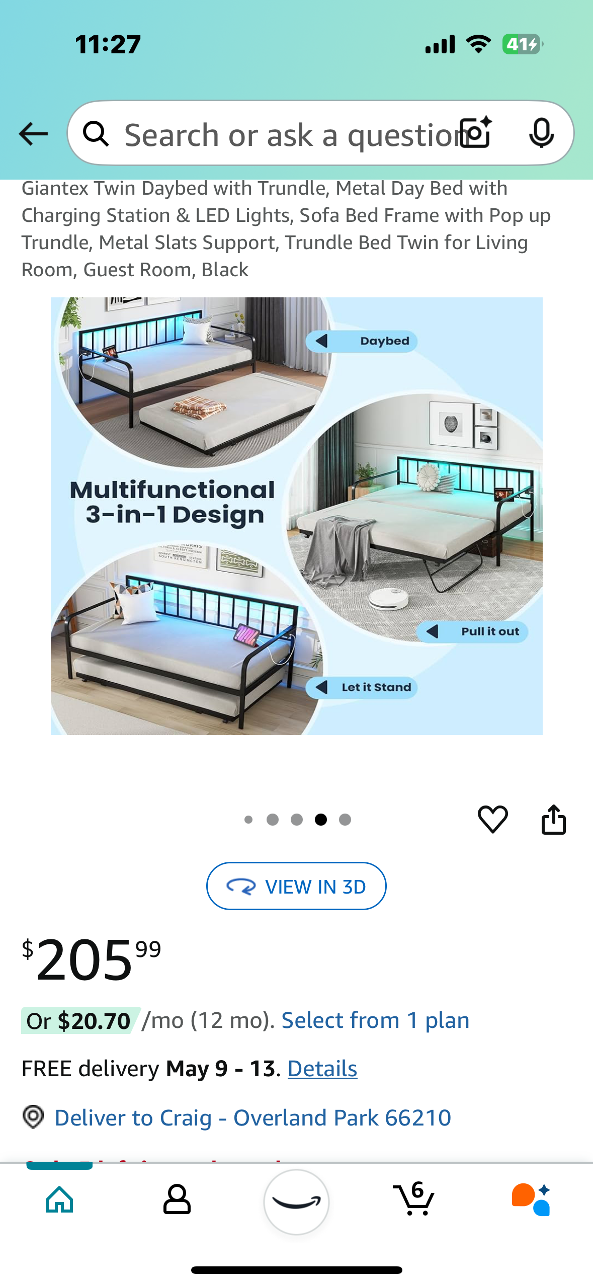 Twin Sofa Bed Day Bed Frame with Pop up Trundle, Charging Station & LED Lights, Quantity of 10 (B890)