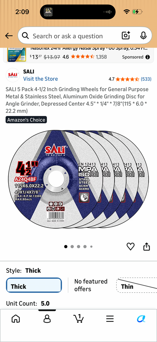 SALI 5 Pack 4-1/2 Inch Grinding Wheels for General Purpose Metal & Stainless Steel, Aluminum Oxide Grinding Disc for Angle Grinder, Depressed Center 4.5" * 1/4" * 7/8"(115 * 6.0 * 22.2 mm)