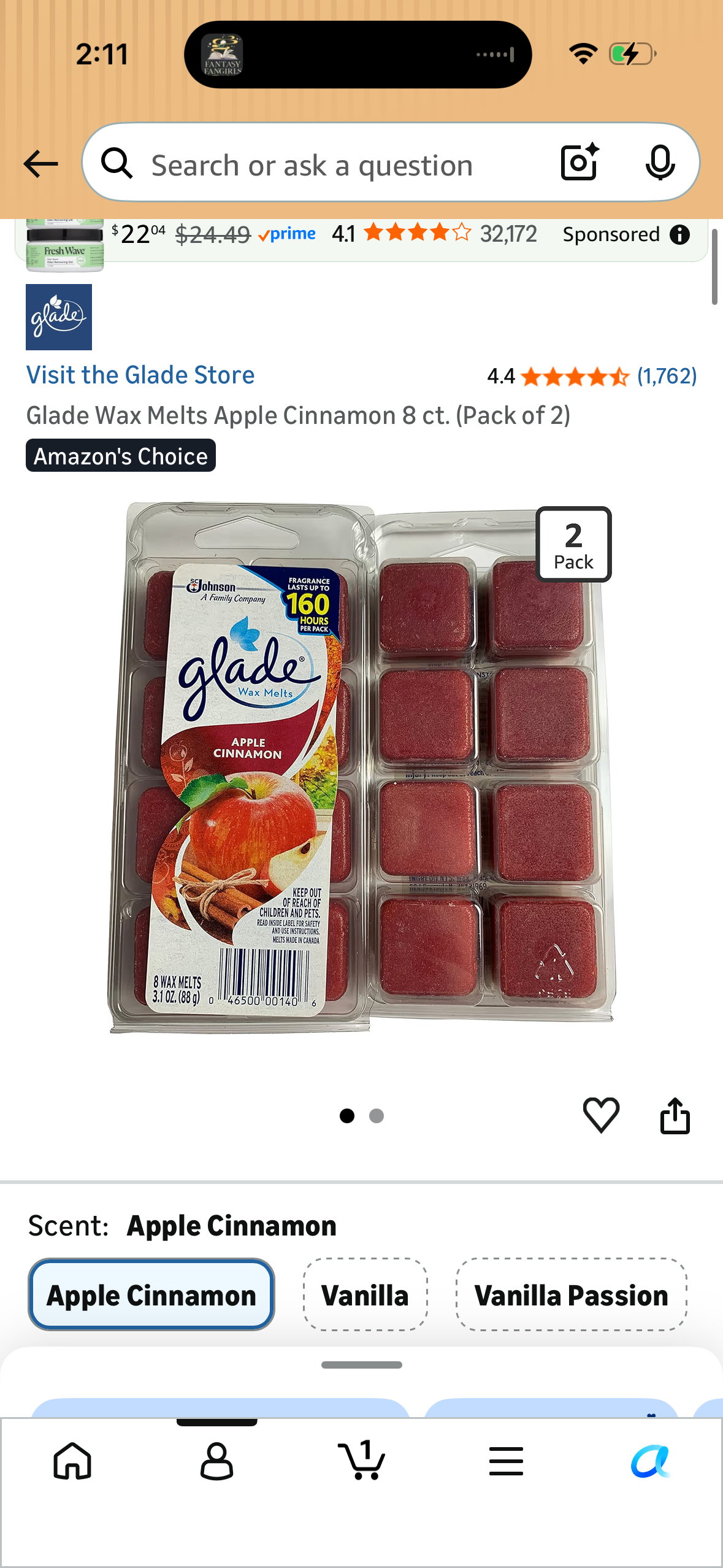 Glade Wax Melts Apple Cinnamon 8 ct. (Pack of 2)