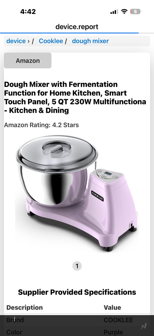 Dough Mixer with Fermentation Function for Home Kitchen, Smart Touch Panel, 5 QT 230W Multifunctional Dough Machine with Kneading Knife for Pasta, Baking, Cakes, Cookies, Mixing (Purple) (R851)
